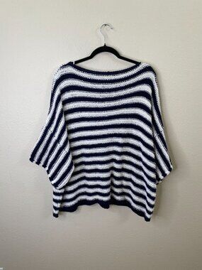 A+ Anthropologie Womens Striped Knit Poncho Sweater 1X Navy/White Lightweight